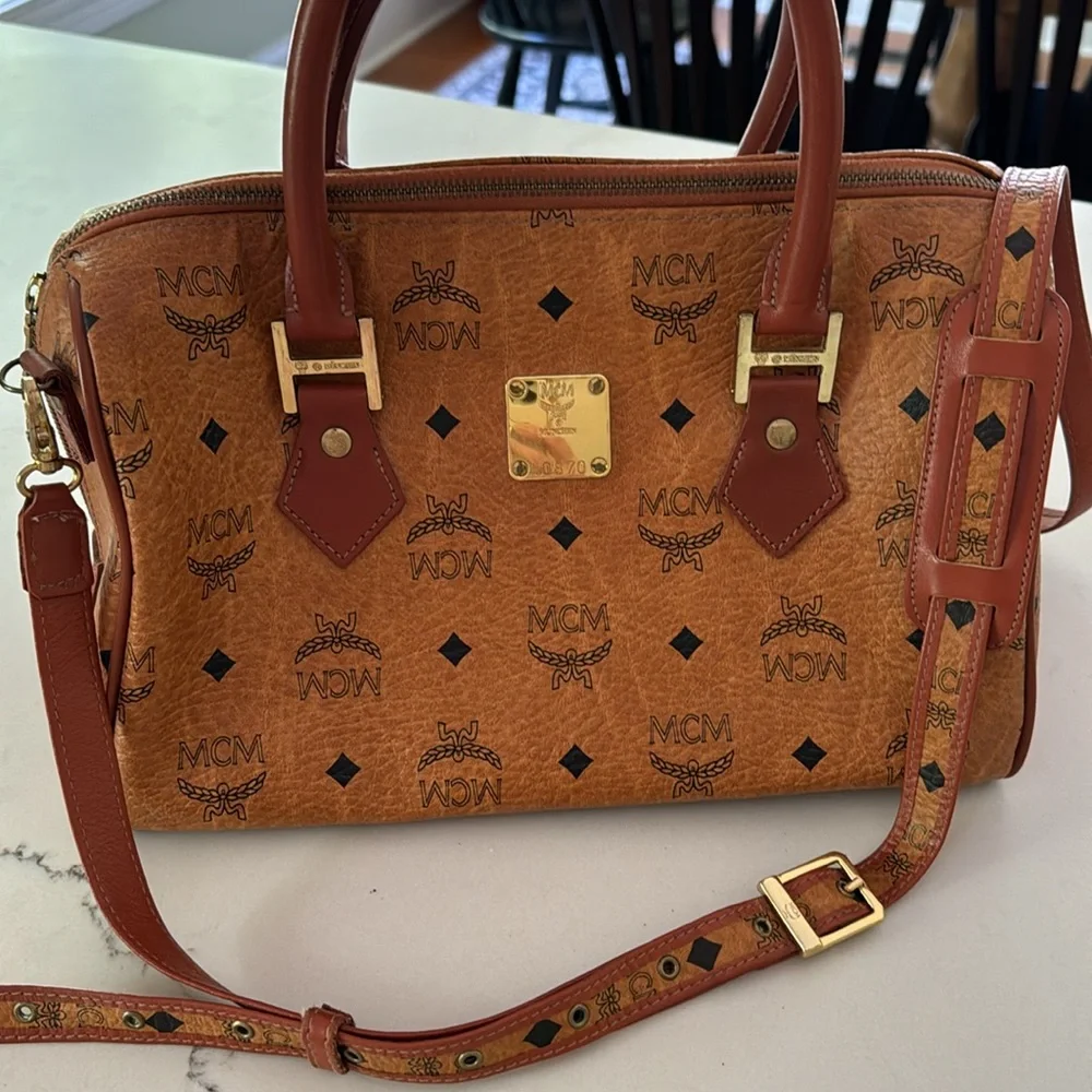 MCM Cognac Brown Visetos Monogram Satchel with Gold Hardware